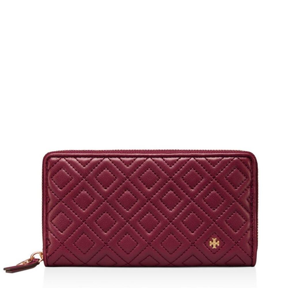 Women Designer Tory Burch Fleming Continental Zip Wallet Deep Berry Quiet Luxury